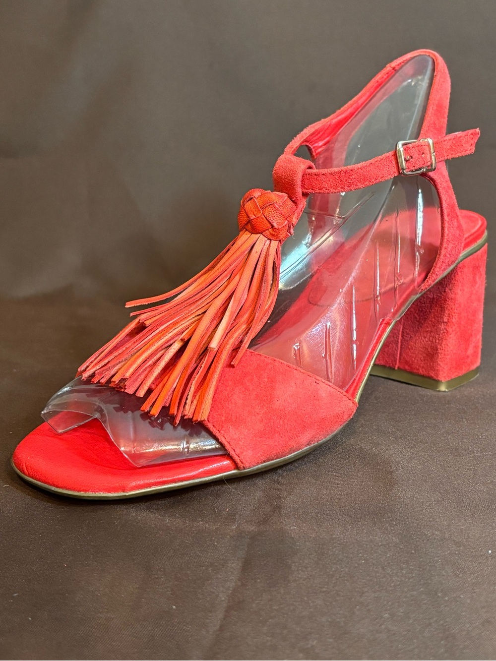 Hispanitas Red Suede Tassel Block Heel Sandals Size 38